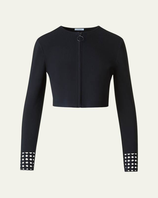 Dot Lace-Cuff Knit Crop Zip Cardigan